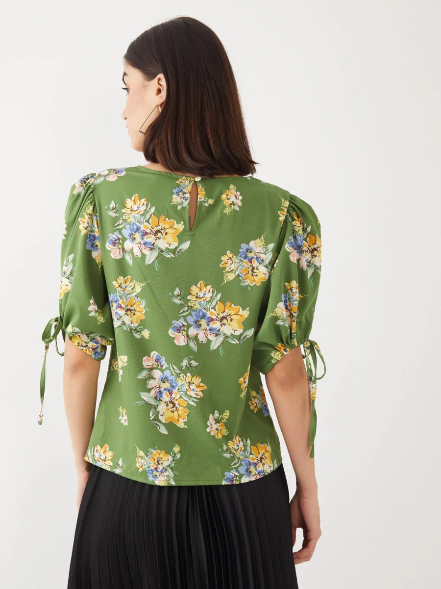 Green Printed Puff Sleeve Top - Image 5