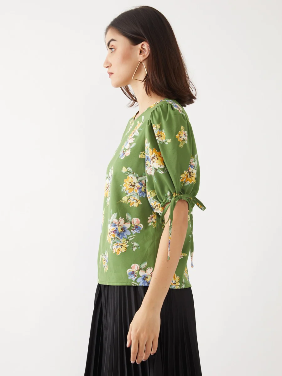 Green Printed Puff Sleeve Top - Image 6