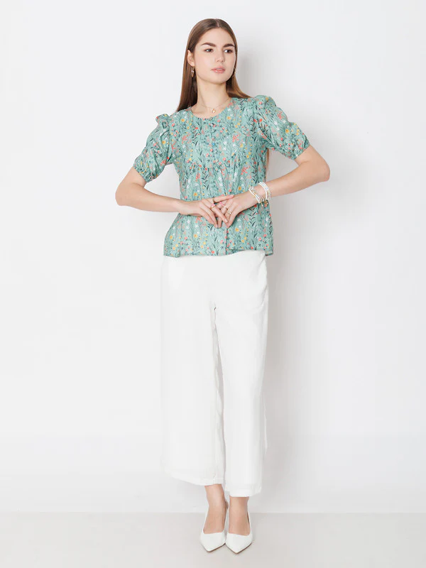 Green Printed Regular Fit Top