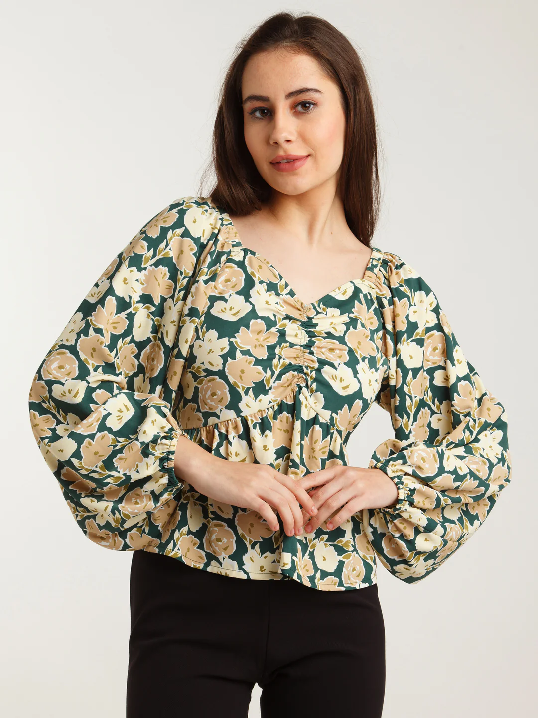 Green Printed Ruched Top - Image 2