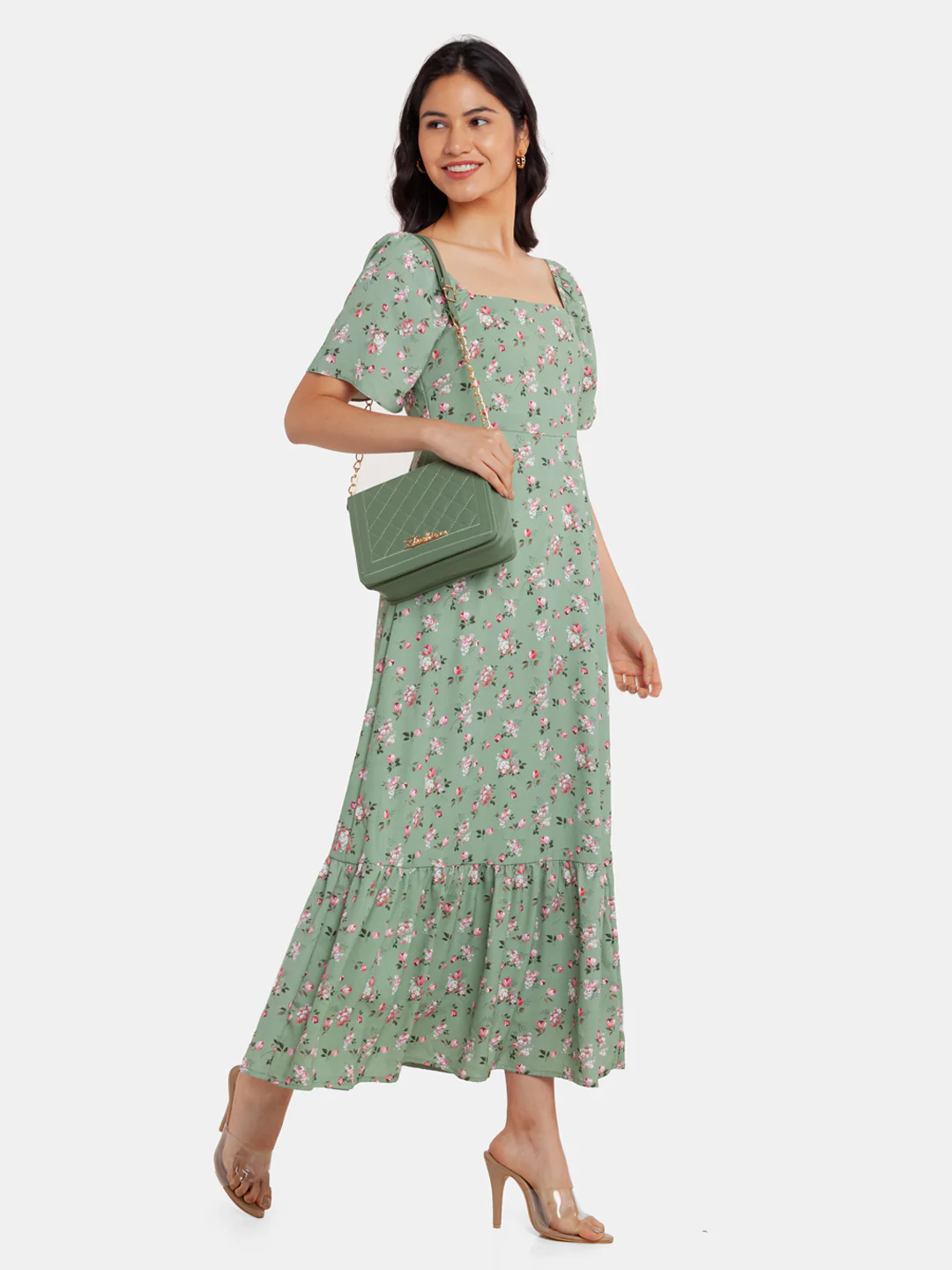 Green Printed Tiered Maxi Dress