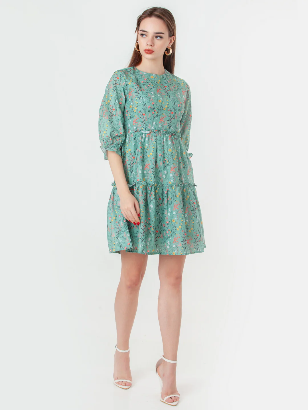 Green Printed Tiered Short Dress - Image 5
