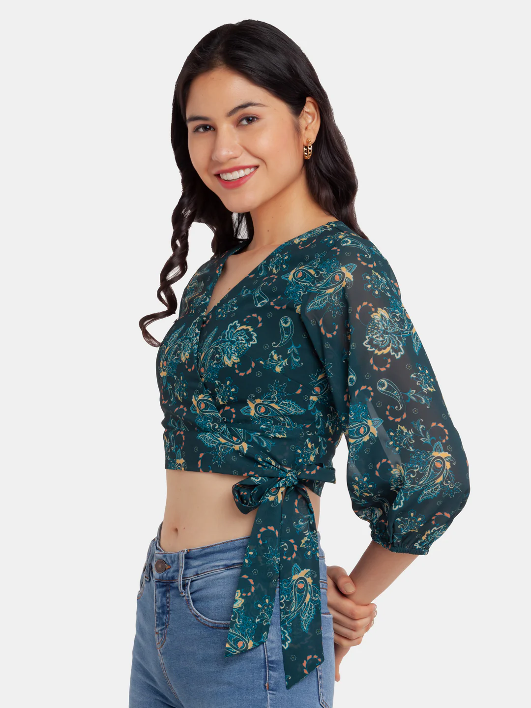 Green Printed Wrap Top - Image 5