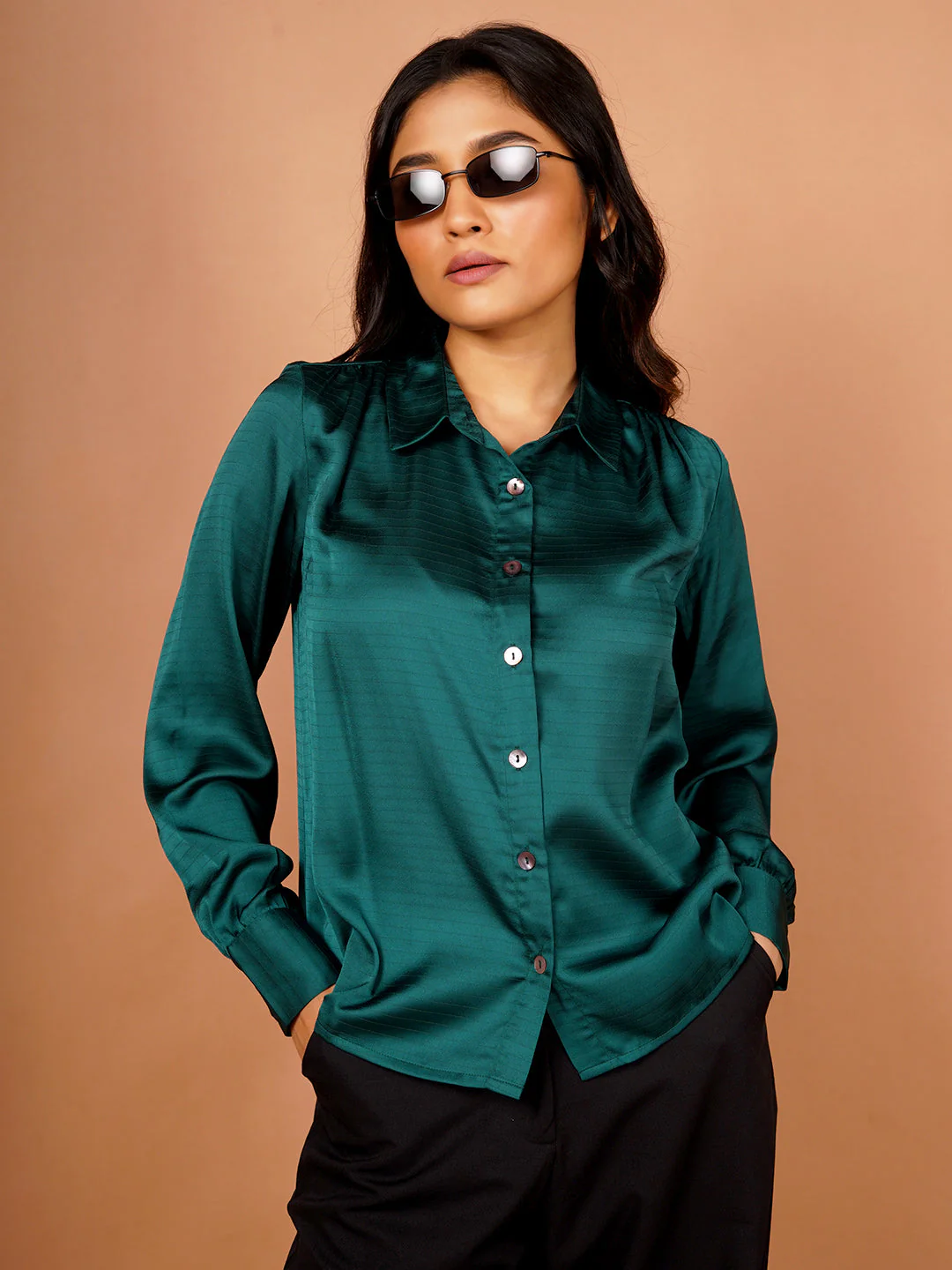 Women's Green Self Design Basic Shirt - Image 2