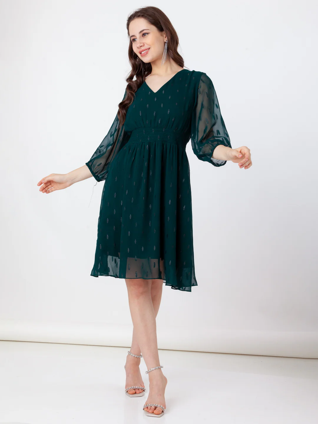 Green Self Design Flared Short Dress