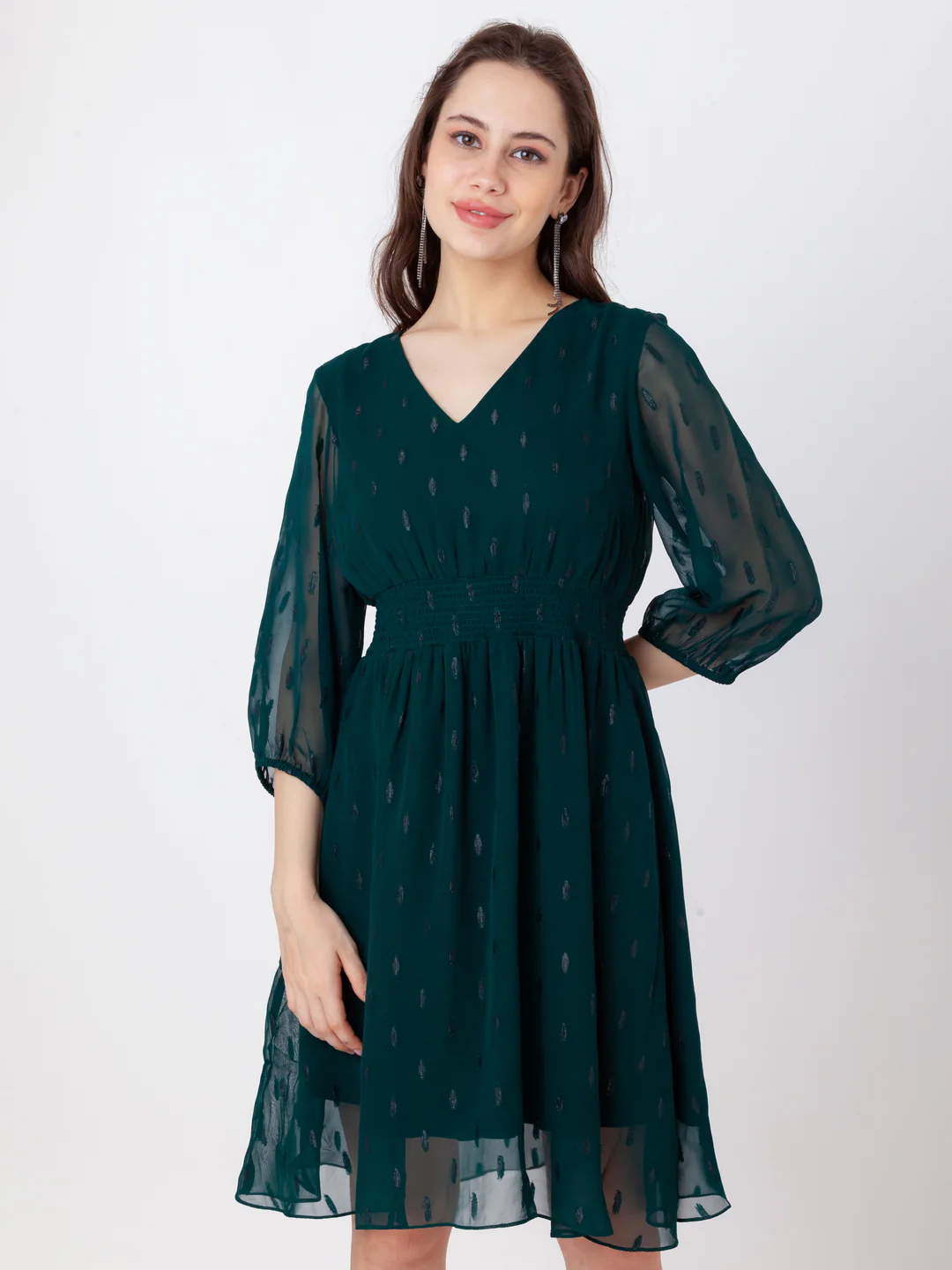 Green Self Design Flared Short Dress - Image 2