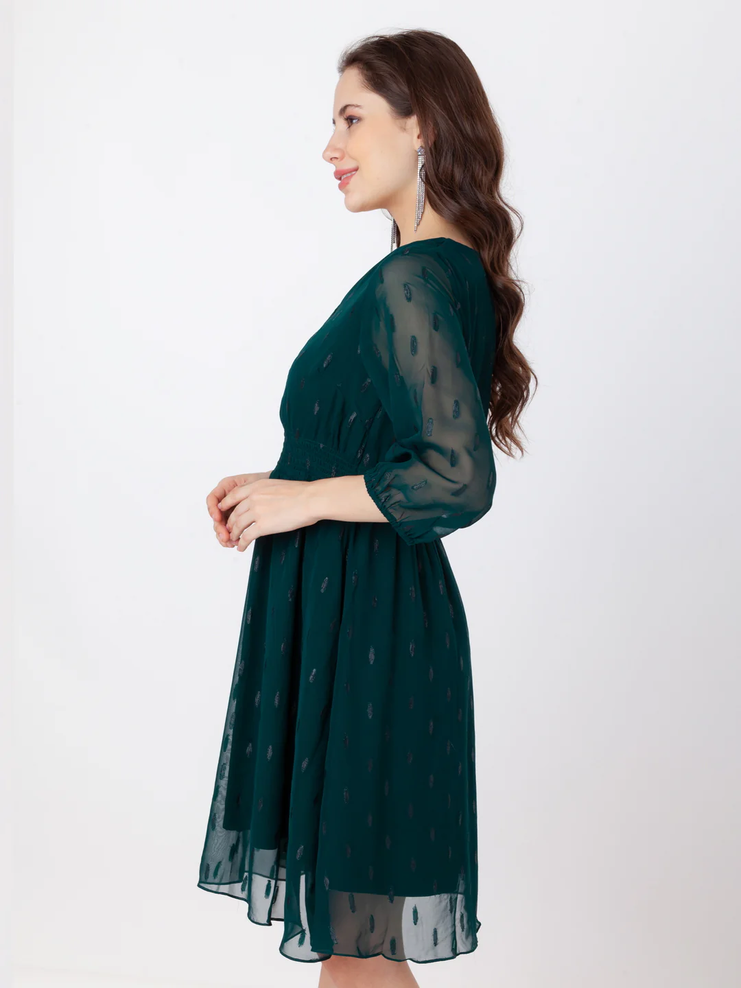 Green Self Design Flared Short Dress - Image 3