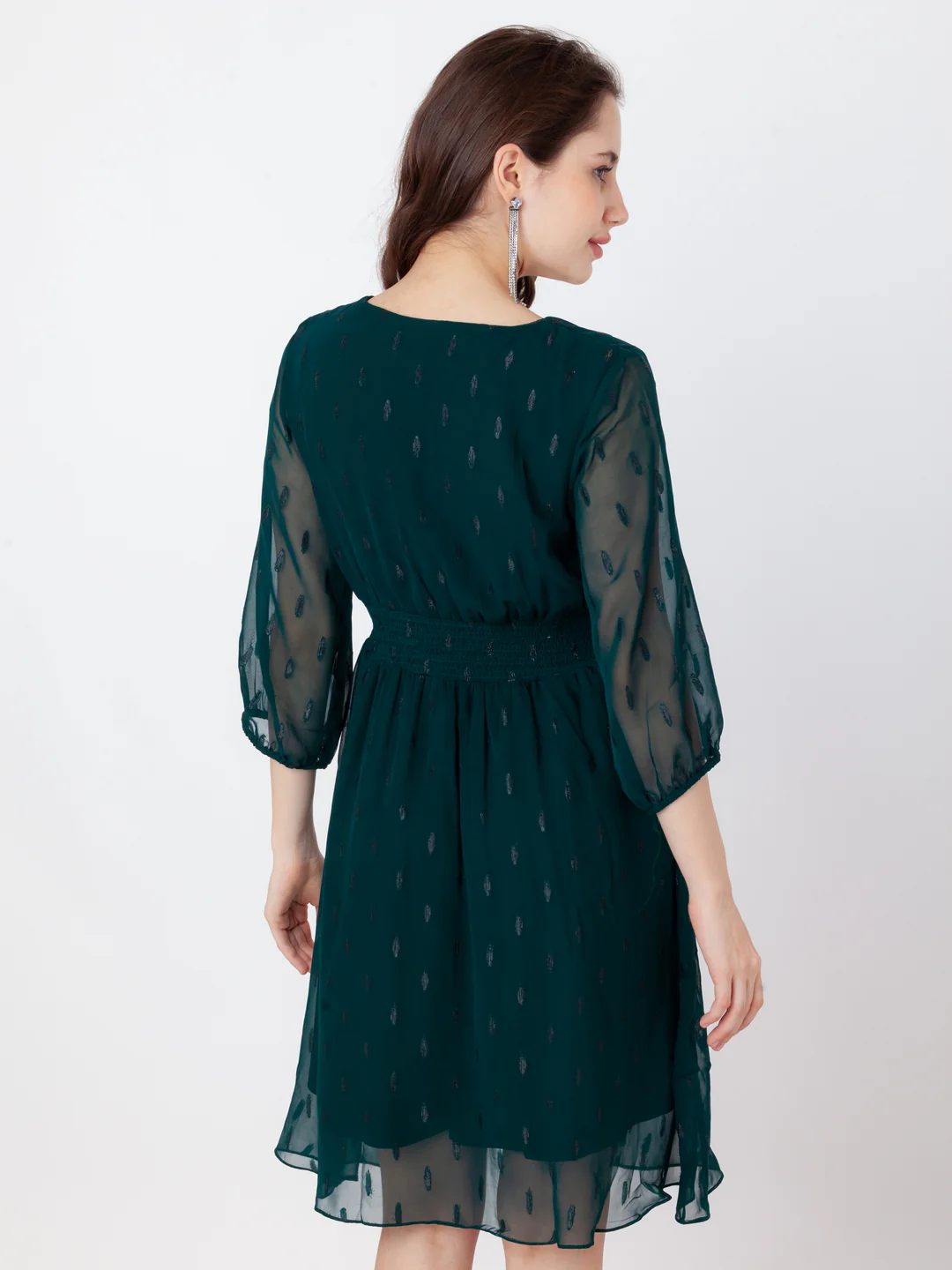 Green Self Design Flared Short Dress - Image 4