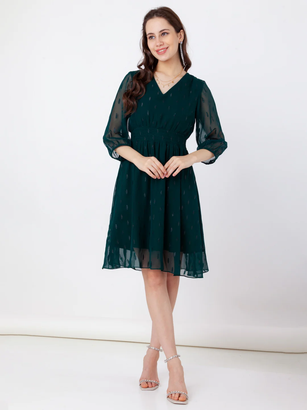 Green Self Design Flared Short Dress - Image 5