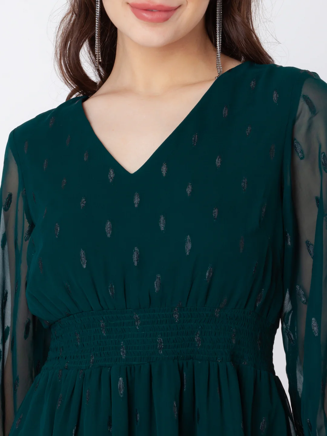 Green Self Design Flared Short Dress - Image 6