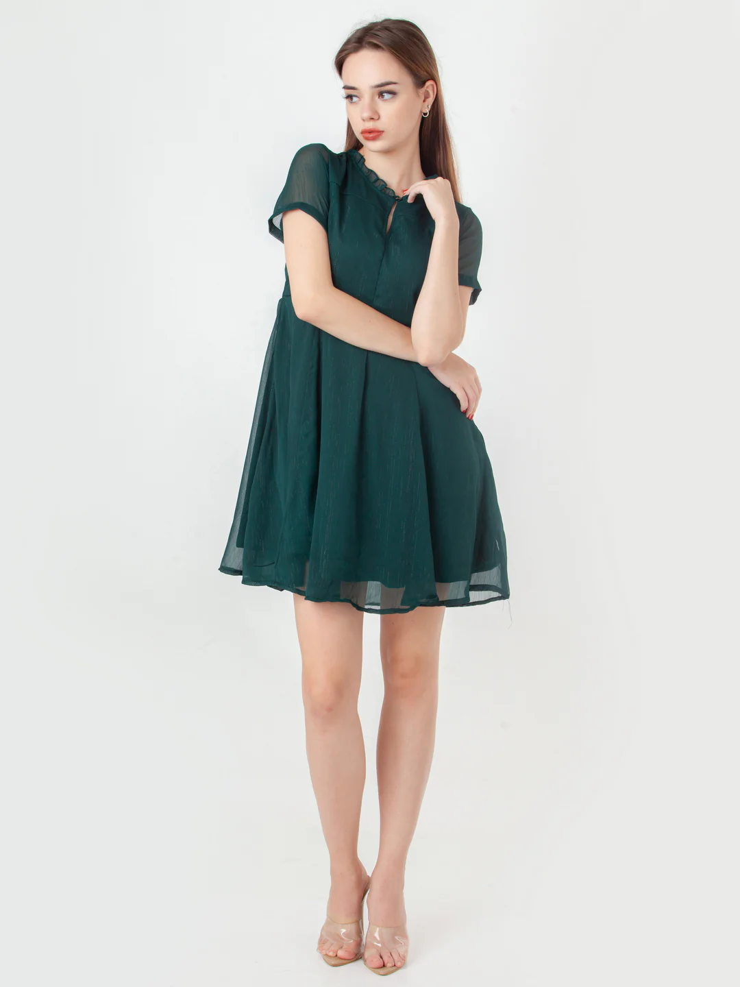 Green Self Design Flared Short Dress