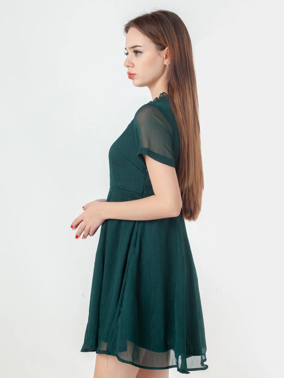 Green Self Design Flared Short Dress - Image 3