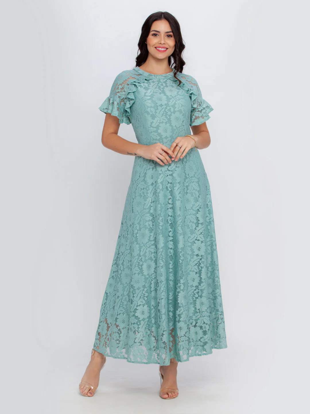 Green Self Design Flared Sleeve Maxi Dress - Image 2