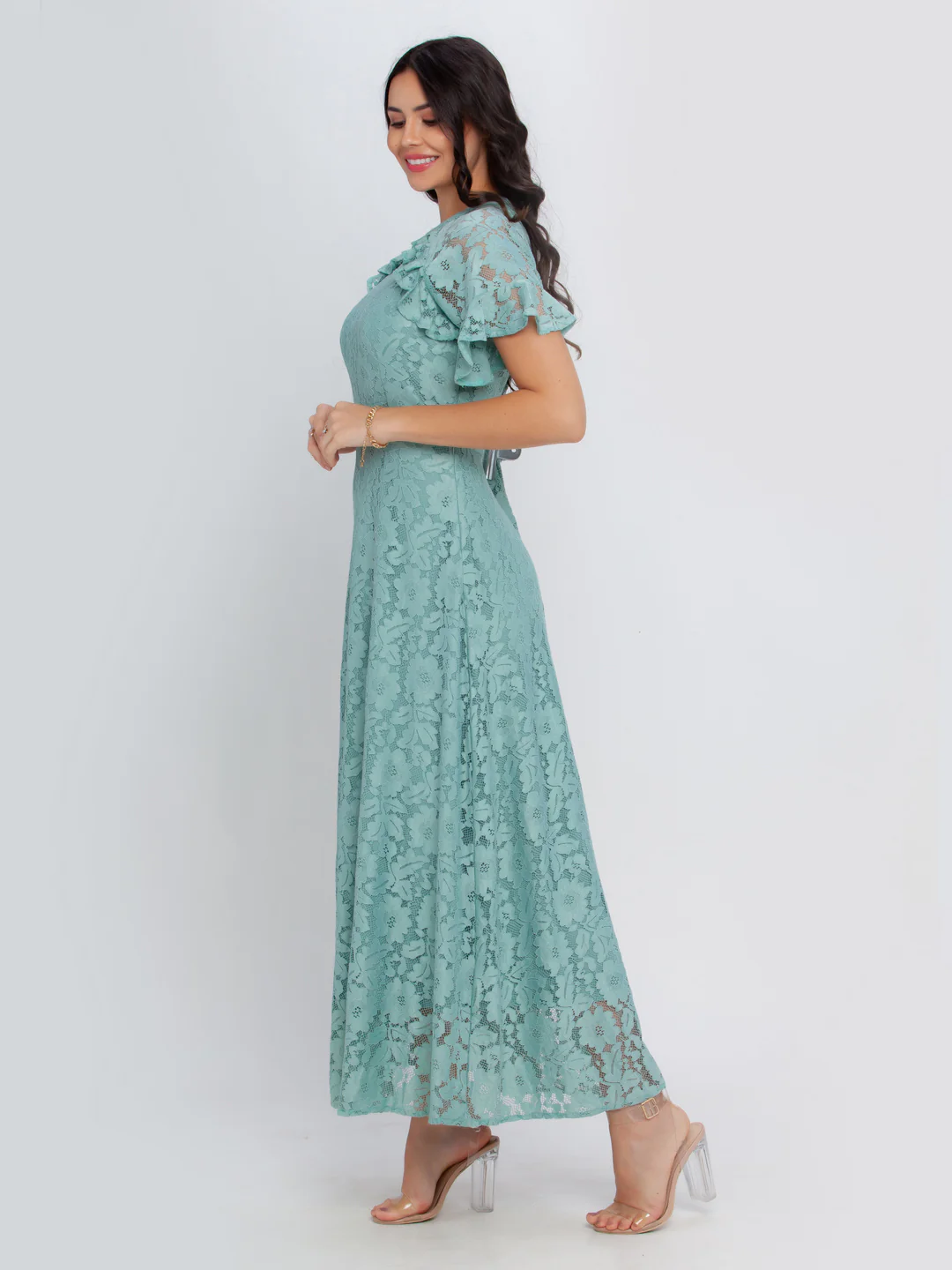 Green Self Design Flared Sleeve Maxi Dress - Image 3