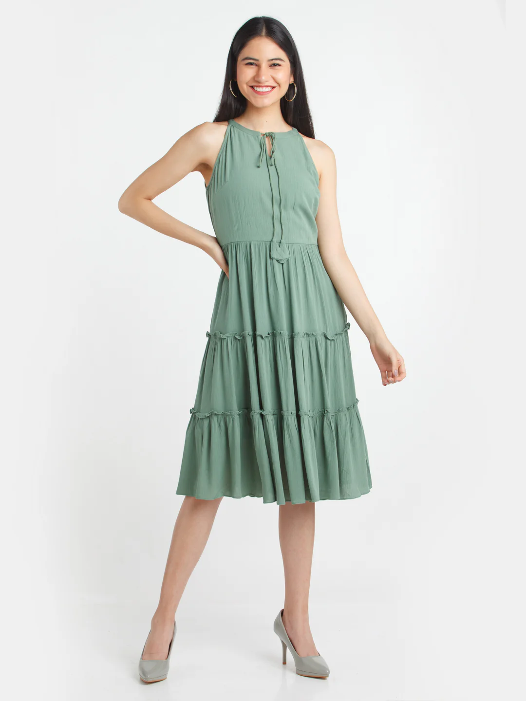Green Solid A-Line Midi Dress - Image 2