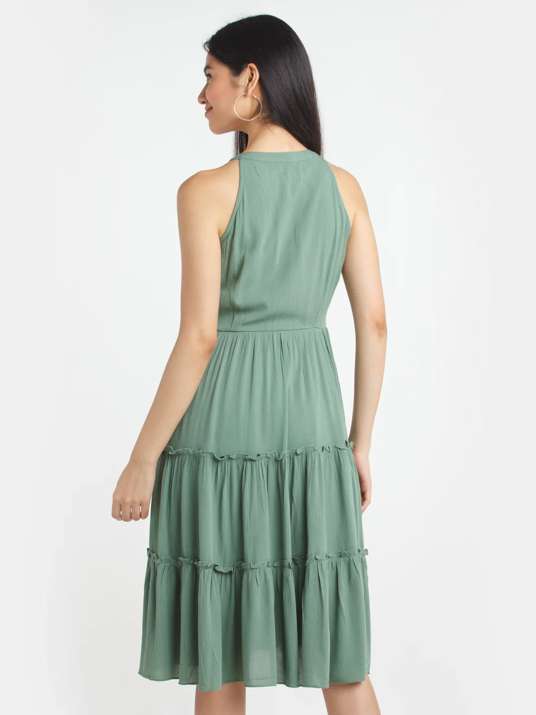 Green Solid A-Line Midi Dress - Image 4