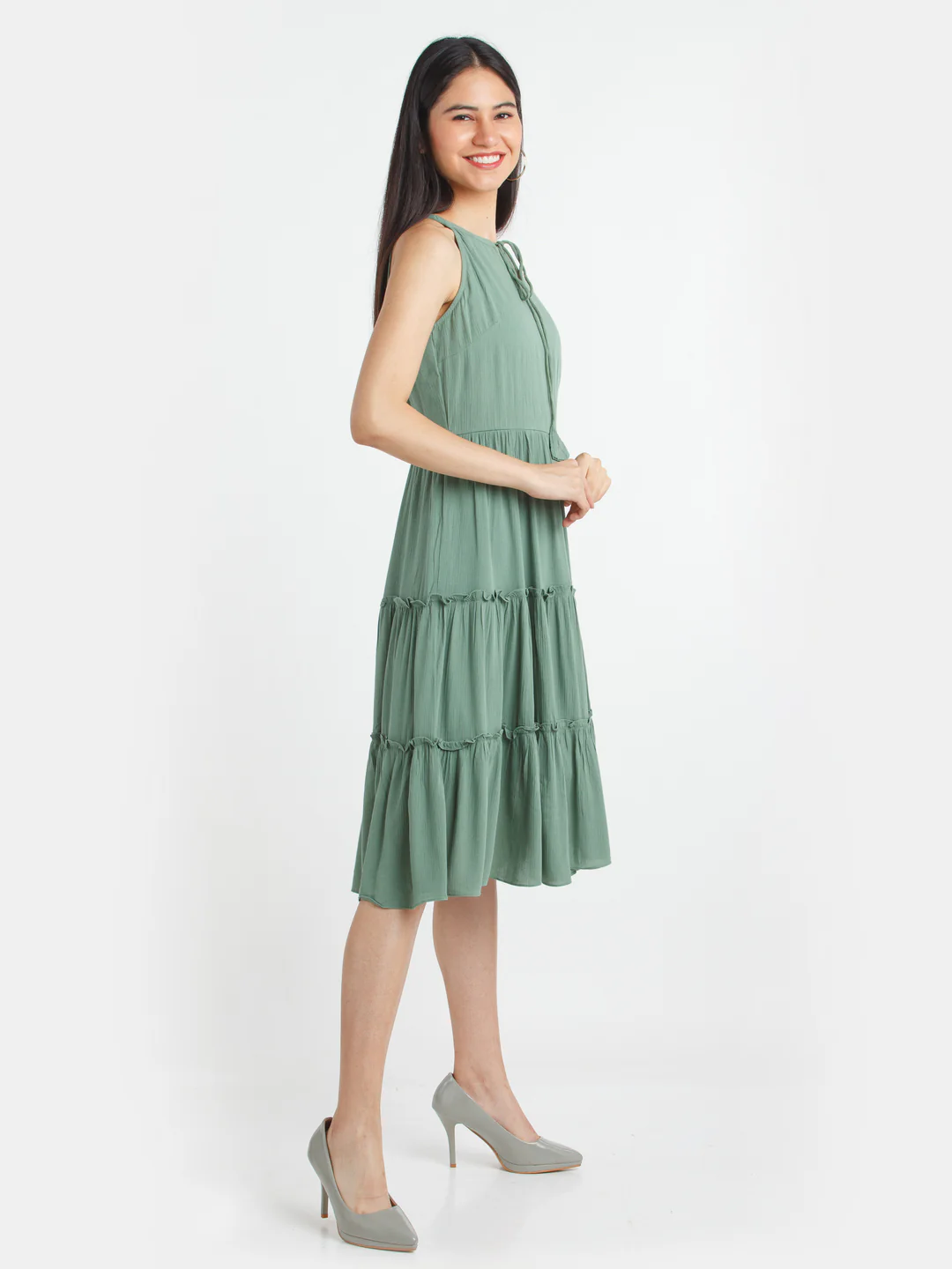 Green Solid A-Line Midi Dress - Image 5