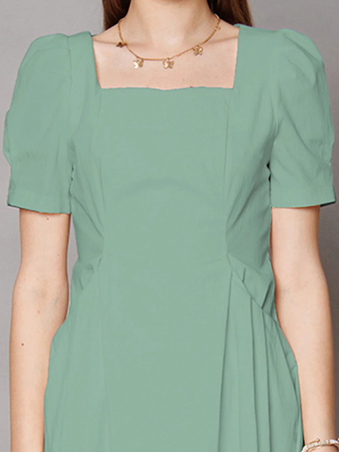 Green Solid A-Line Midi Dress - Image 2