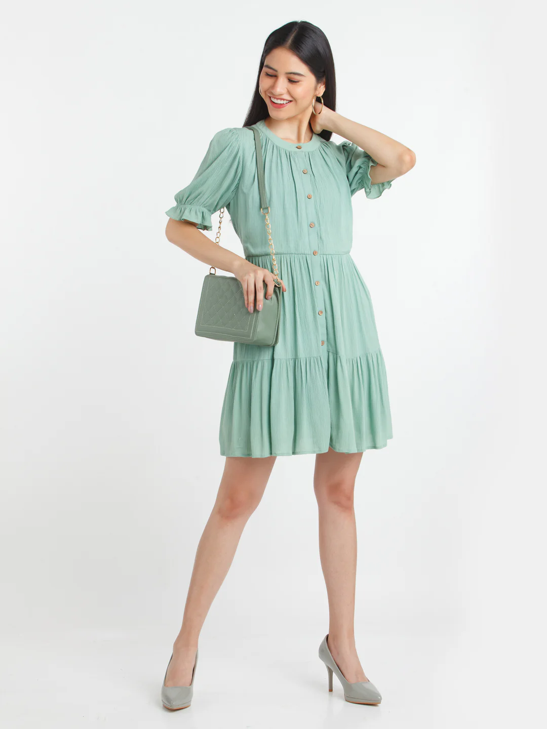 Green Solid A-Line Short Dress - Image 5
