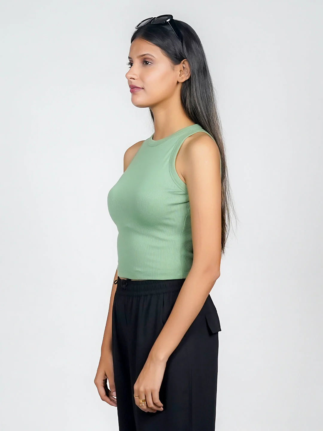 Green Solid Basic Crop Top - Image 4