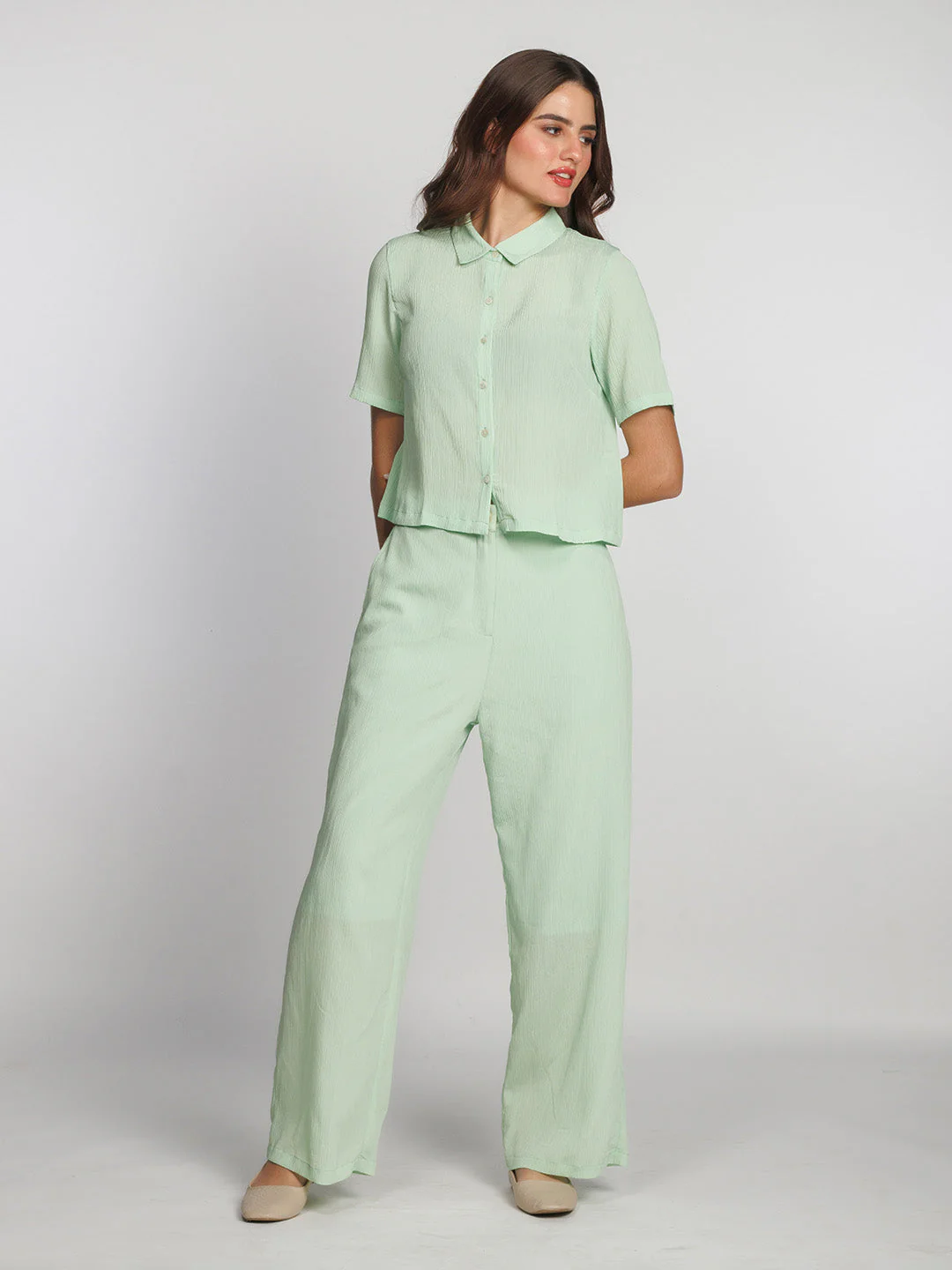 Green Solid Crop Shirt