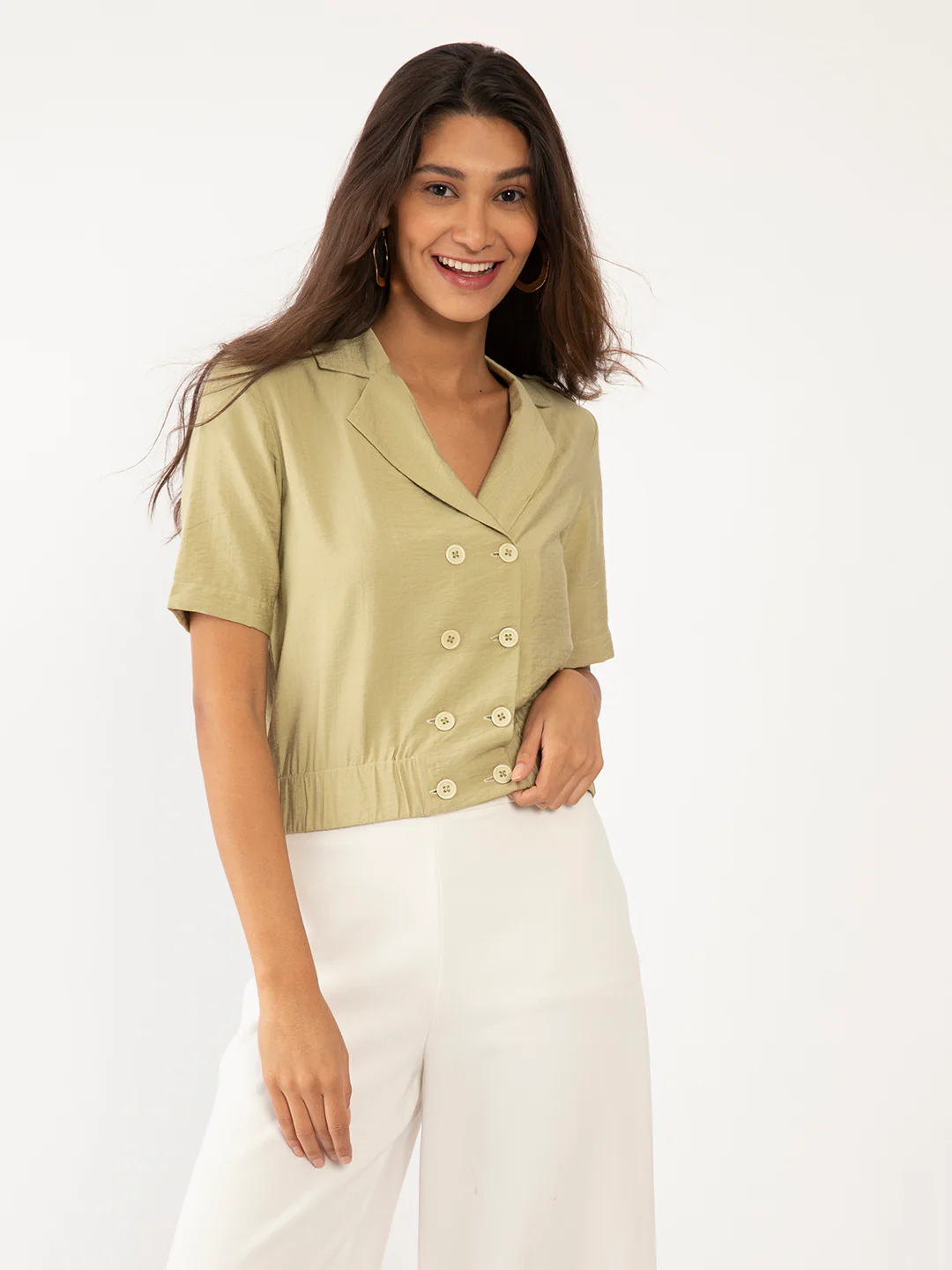 Green Solid Crop Top - Image 2