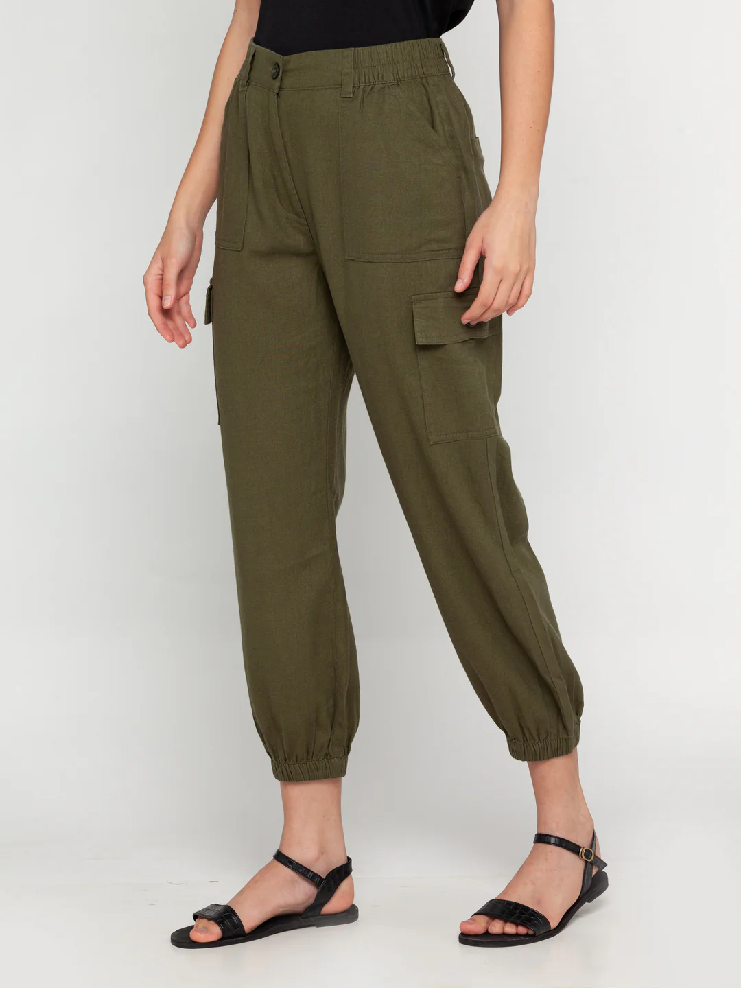 Green Solid Elasticated Joggers - Image 3