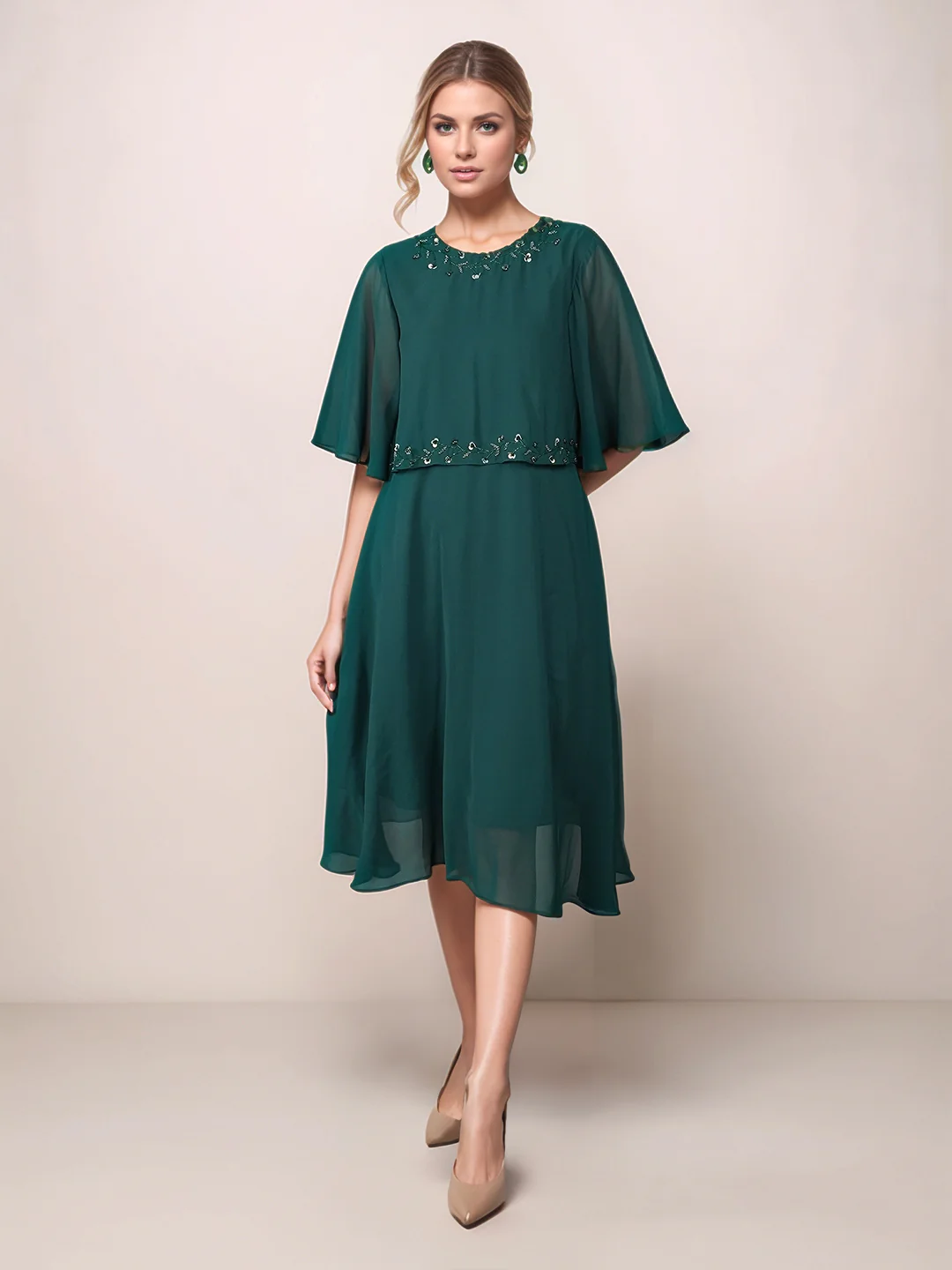 Green Solid Embroidered Flared Midi Dress