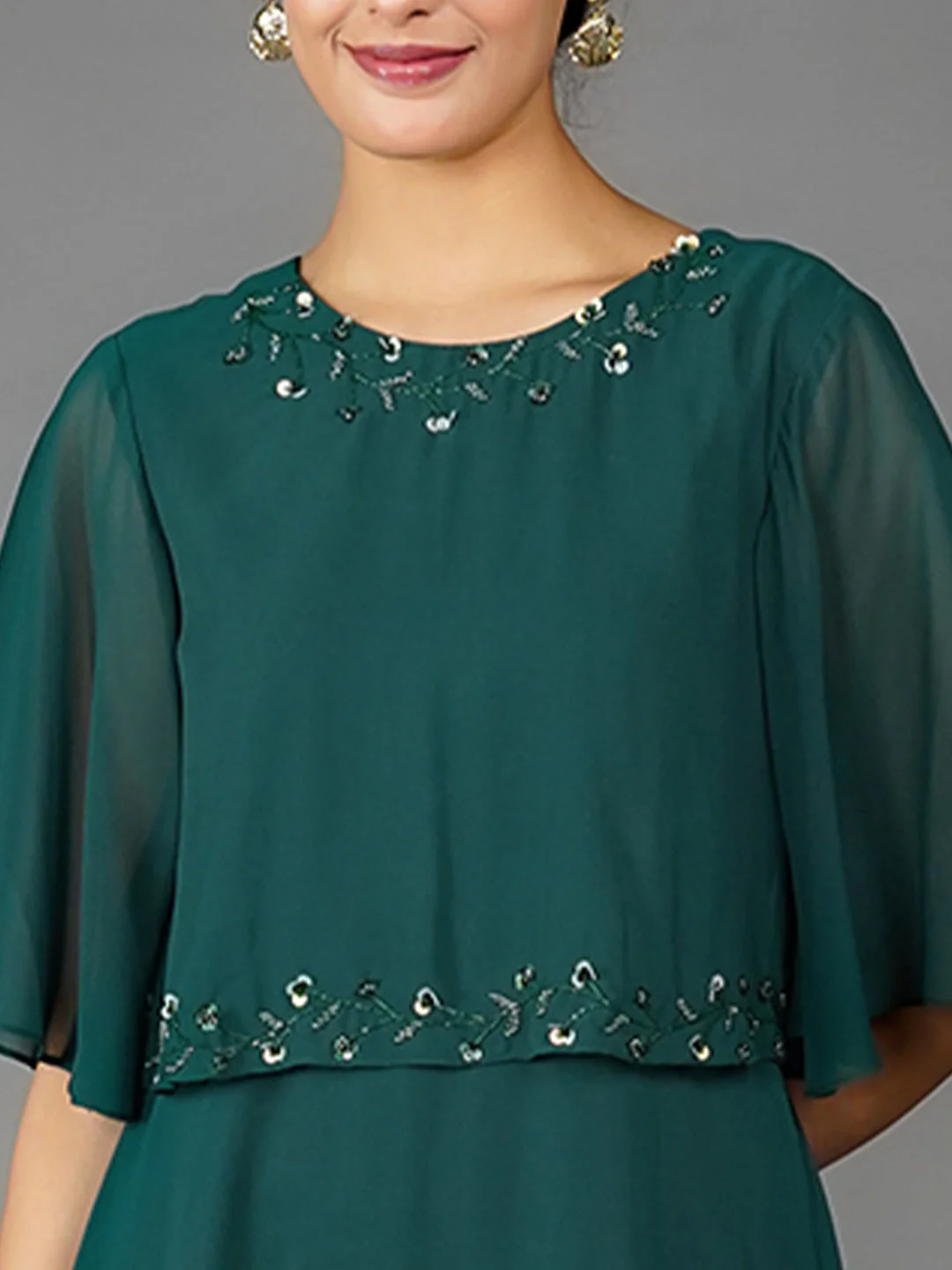 Green Solid Embroidered Flared Midi Dress - Image 6