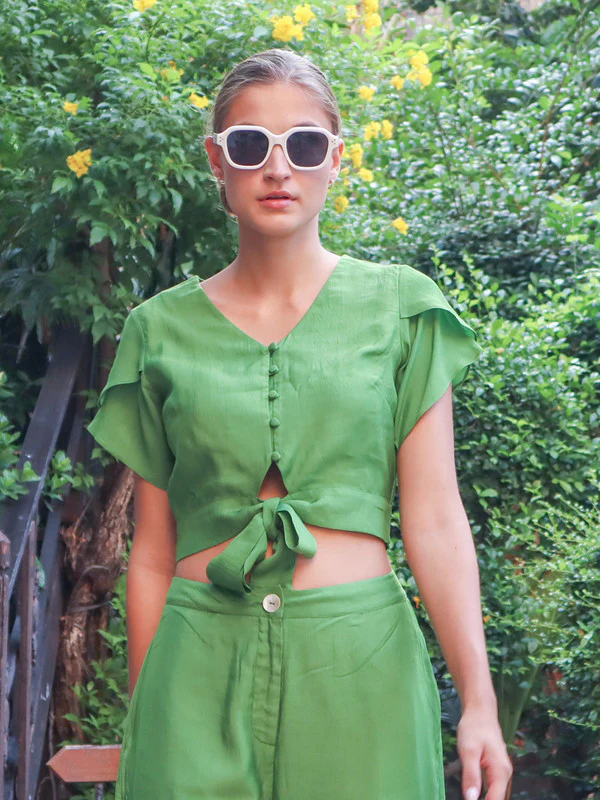 Green Solid Fitted Tie-up Top