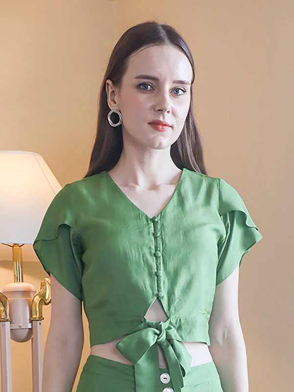 Green Solid Fitted Tie-up Top - Image 2