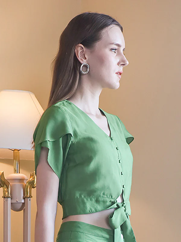 Green Solid Fitted Tie-up Top - Image 3