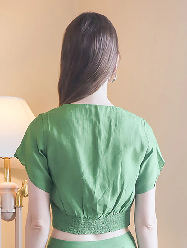 Green Solid Fitted Tie-up Top - Image 4