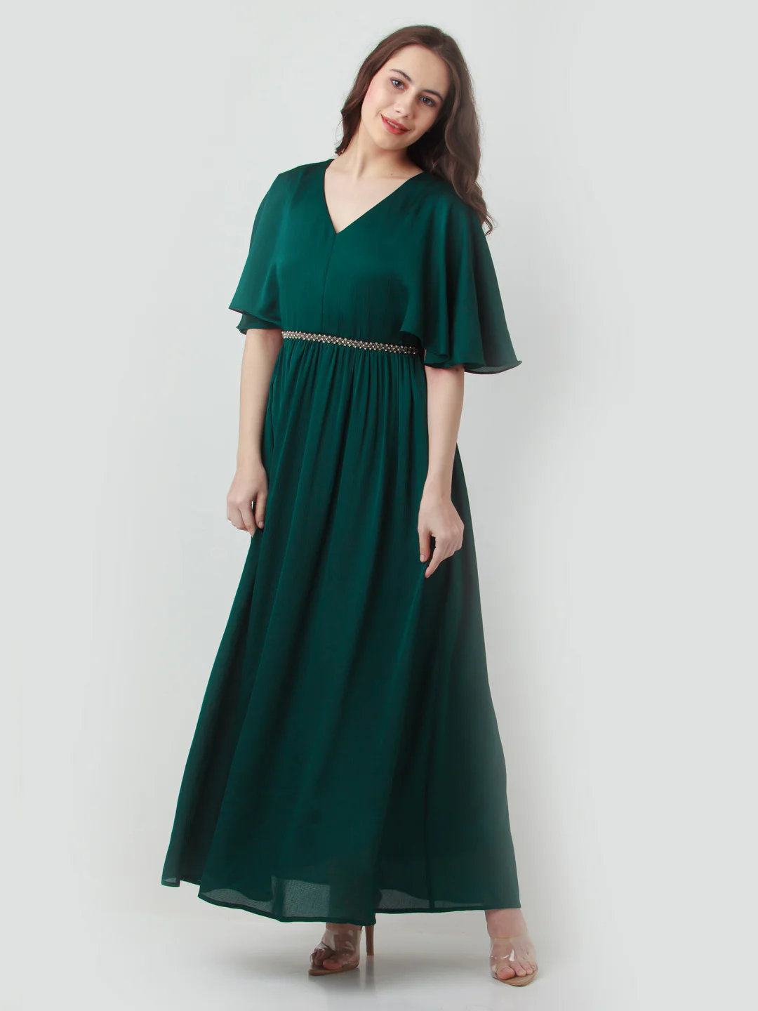 Green Solid Flared Sleeve Maxi Dress
