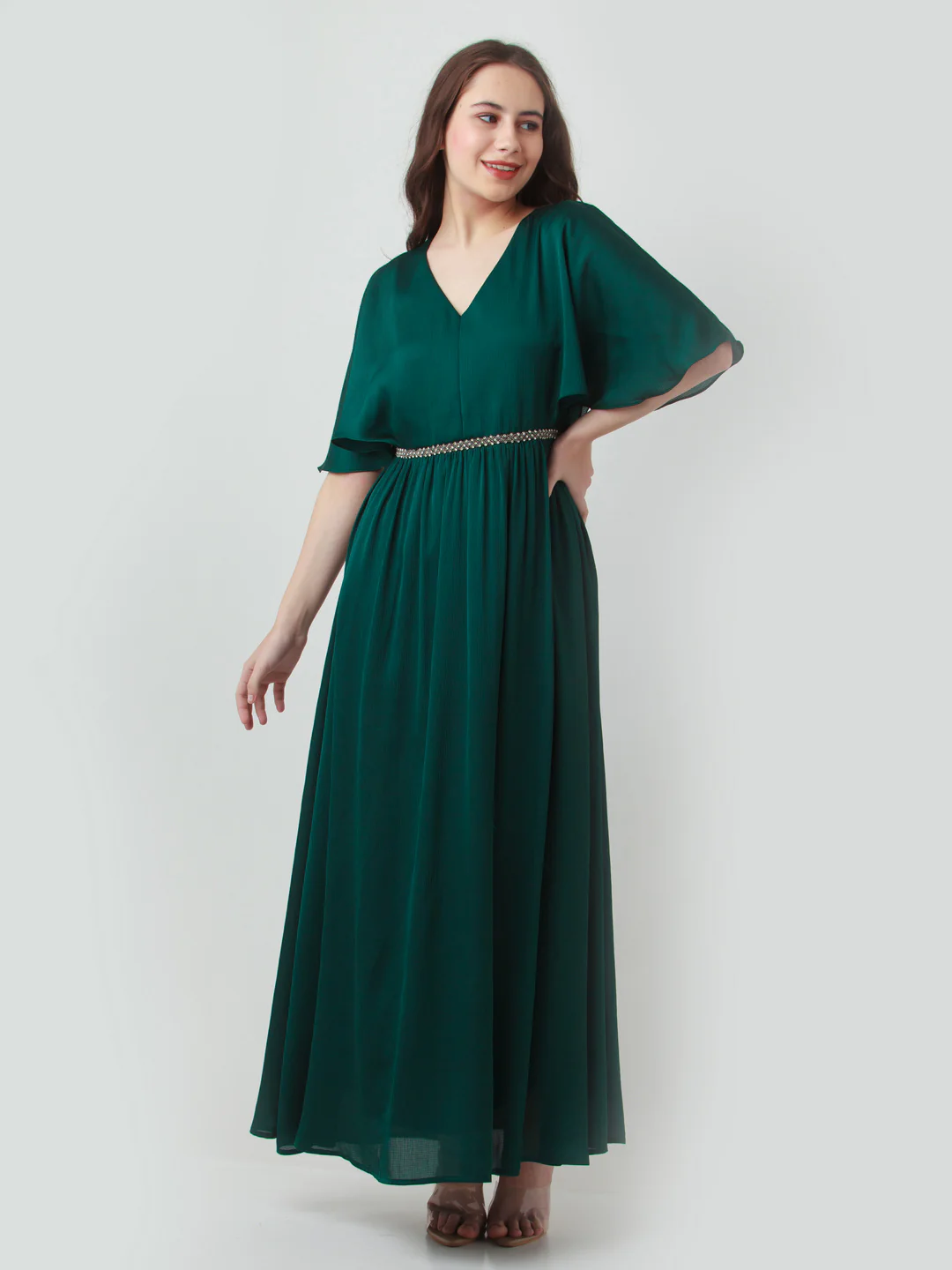 Green Solid Flared Sleeve Maxi Dress - Image 2