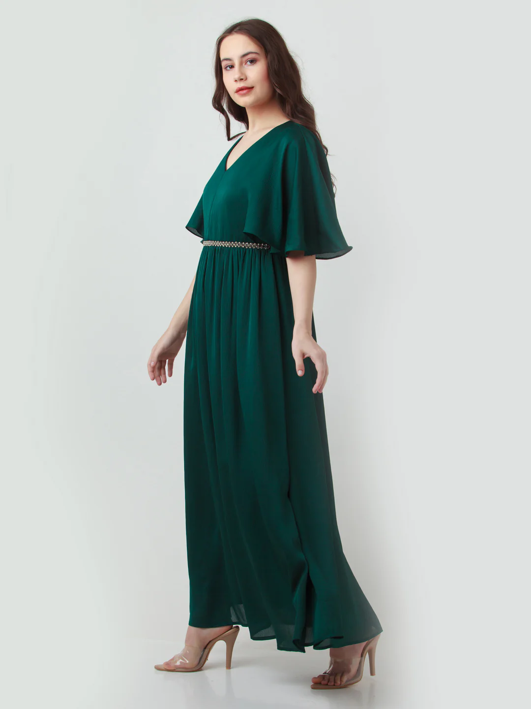 Green Solid Flared Sleeve Maxi Dress - Image 3