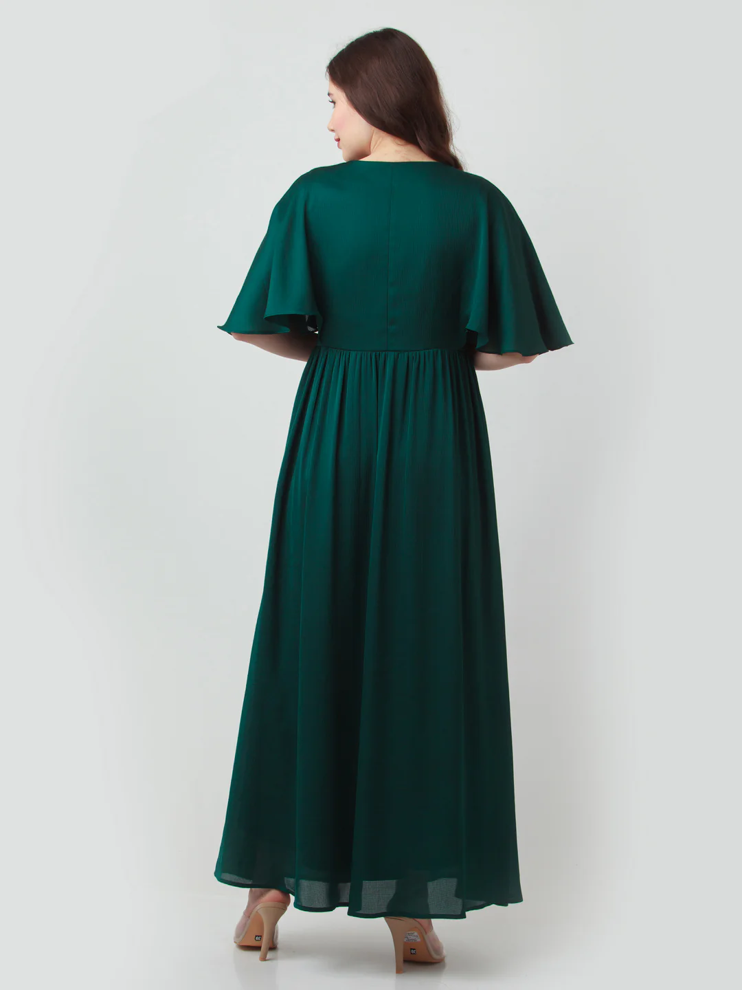 Green Solid Flared Sleeve Maxi Dress - Image 4