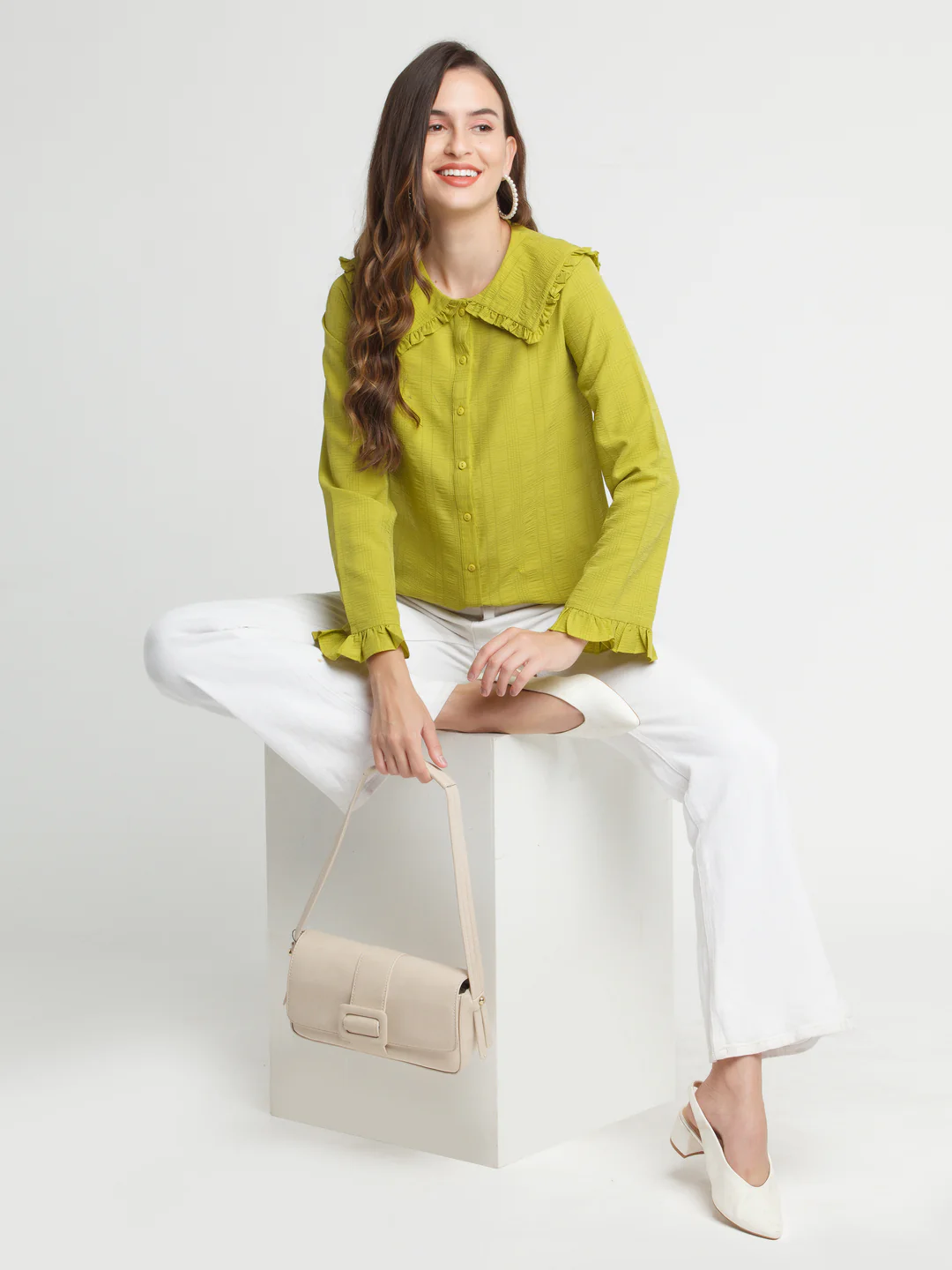 Green Solid Flared Sleeve Shirt - Image 5