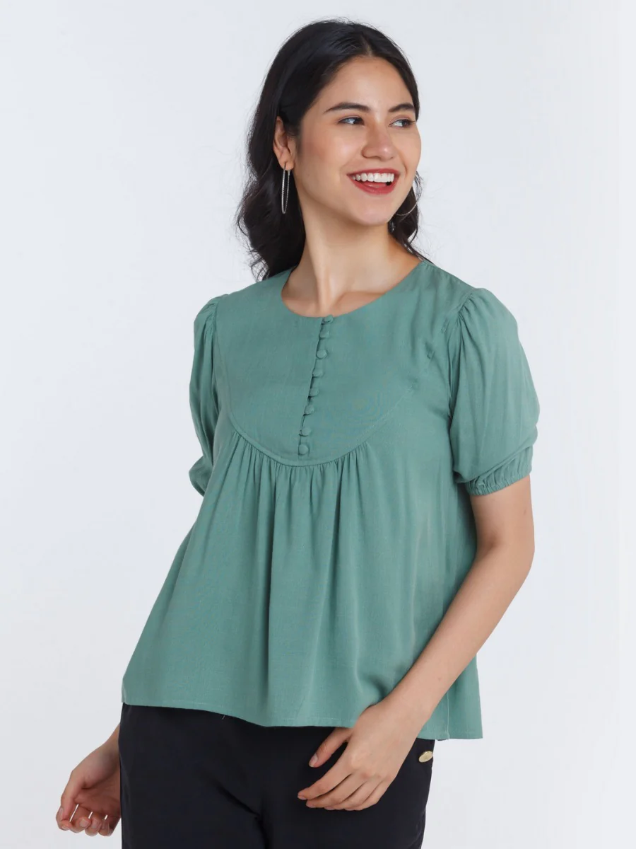 Green Solid Gathered Top