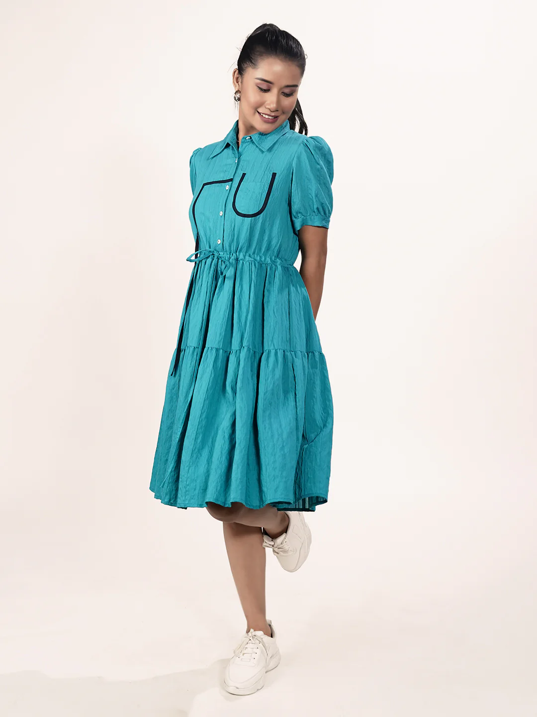 Green Solid Knee-Length A-Line Dress - Image 2