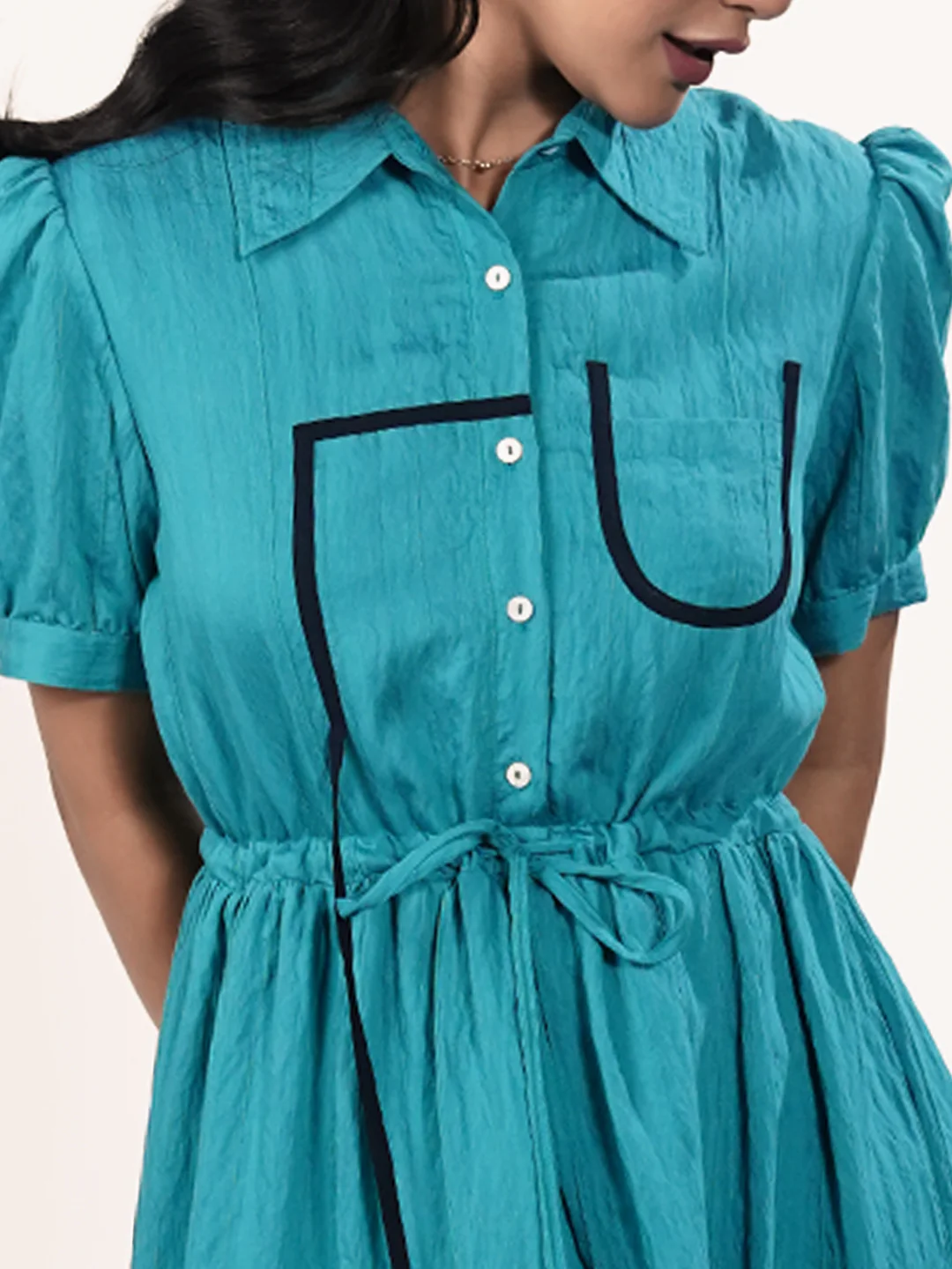Green Solid Knee-Length A-Line Dress - Image 6
