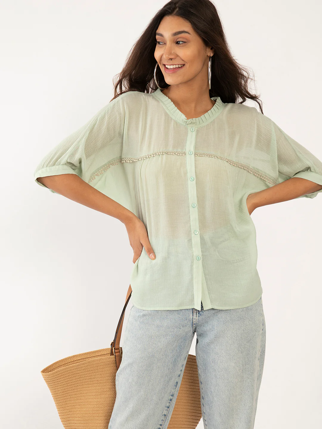 Green Solid Lace Top