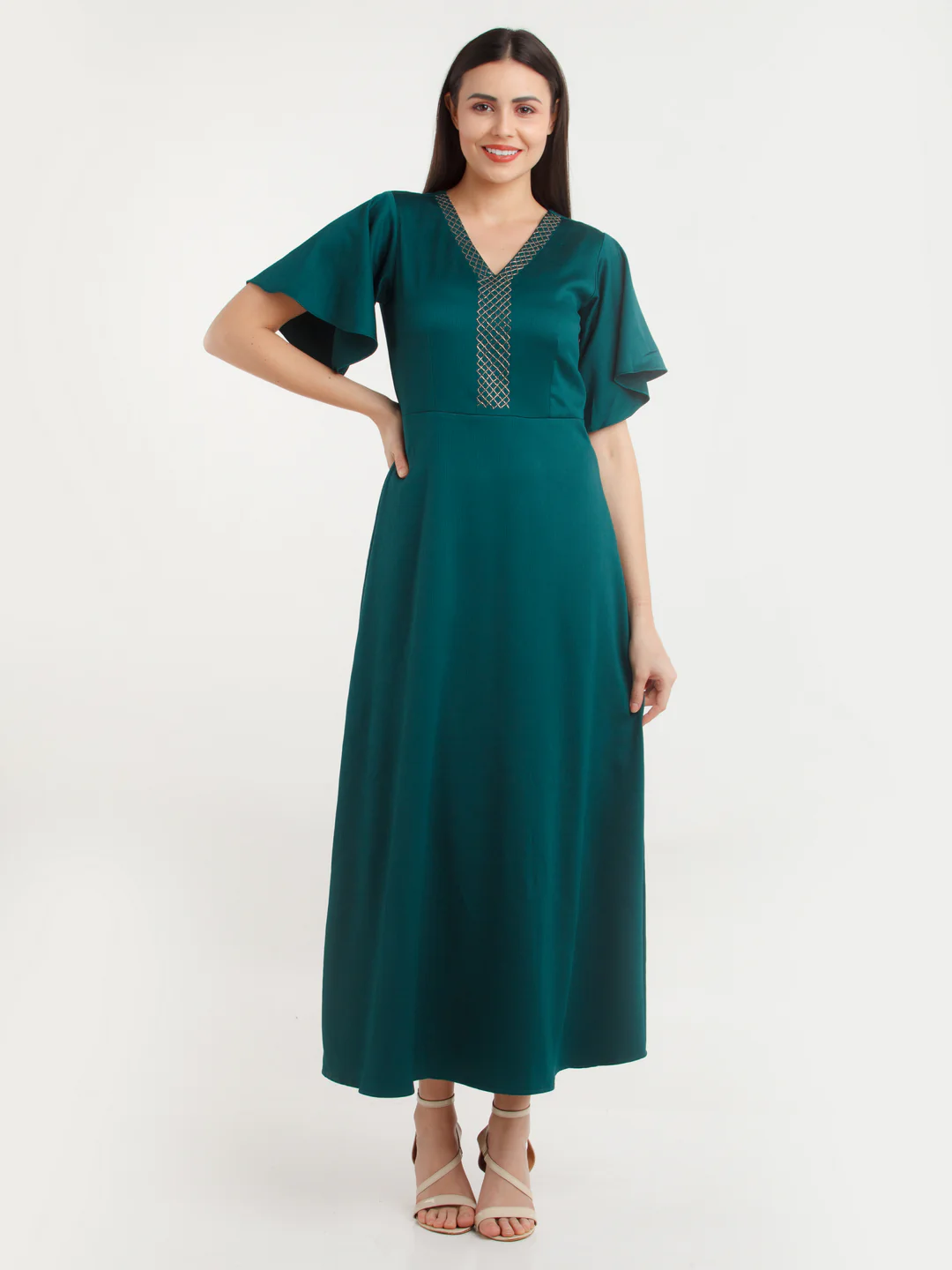 Green Solid Maxi Dress - Image 2