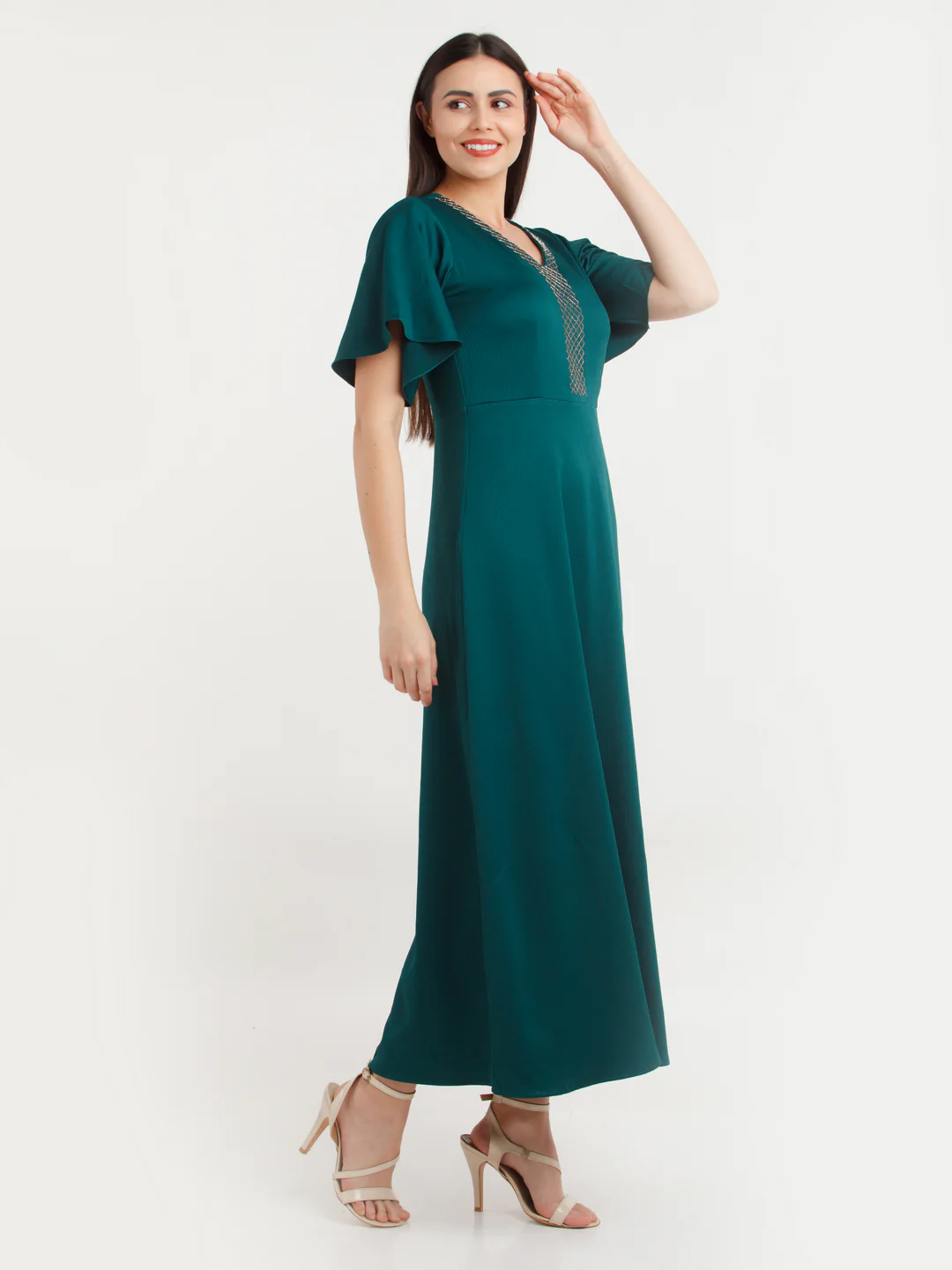 Green Solid Maxi Dress - Image 3
