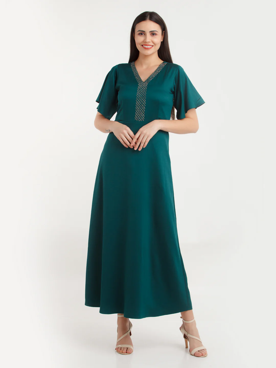 Green Solid Maxi Dress - Image 5