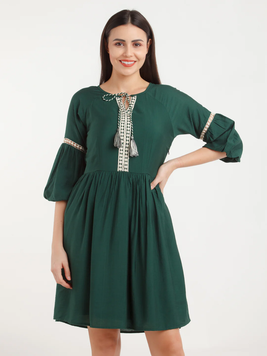 Green Solid Short Dress - Image 2