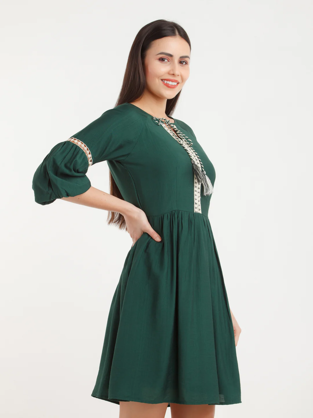 Green Solid Short Dress - Image 3