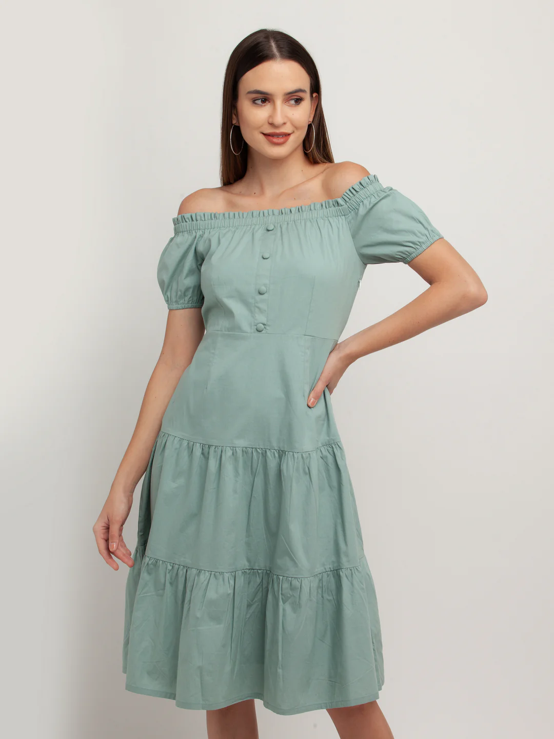 Green Solid Off-shoulder Midi Dress - Image 2