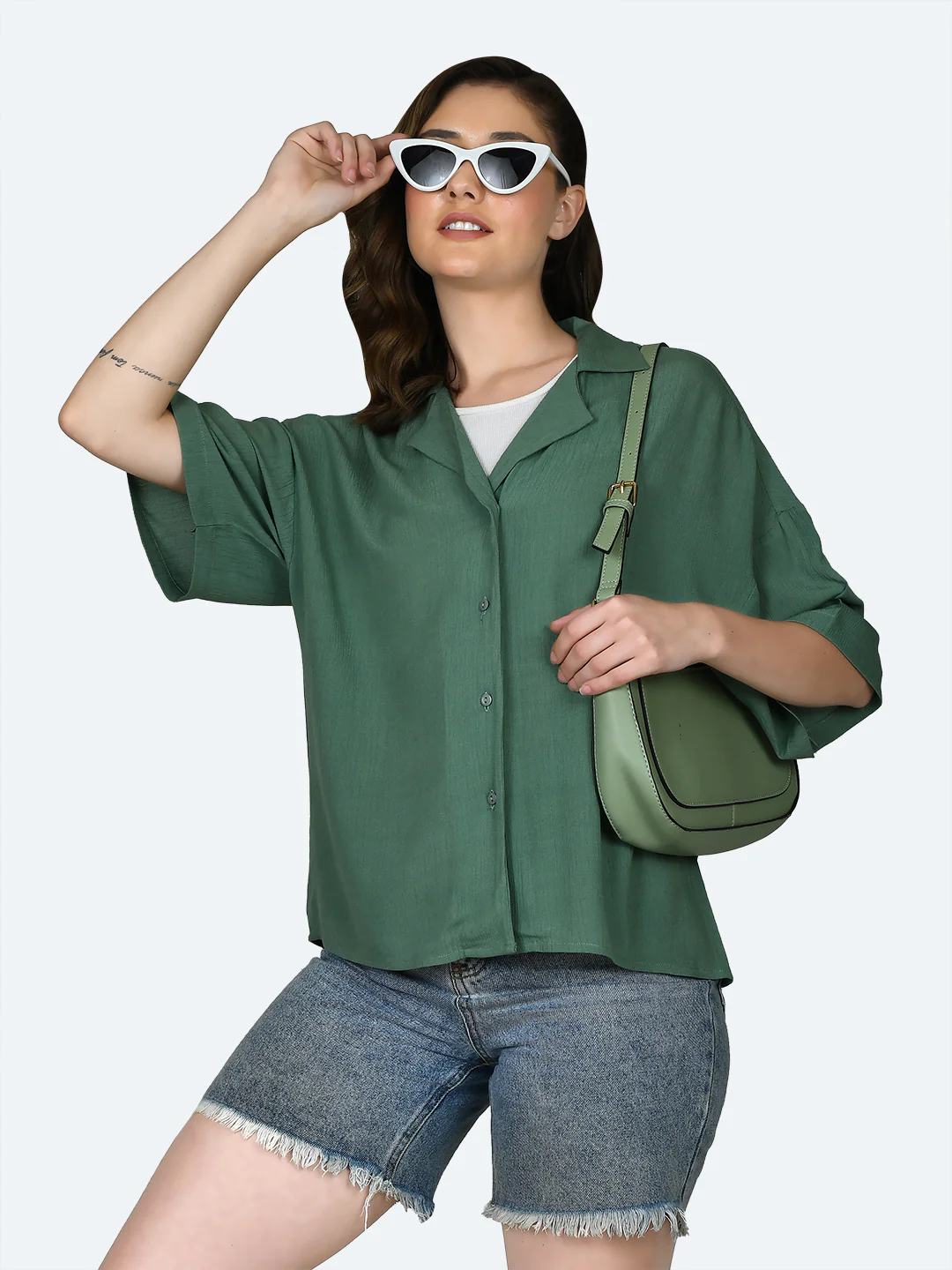 Green Solid Oversized Shirt - Image 2