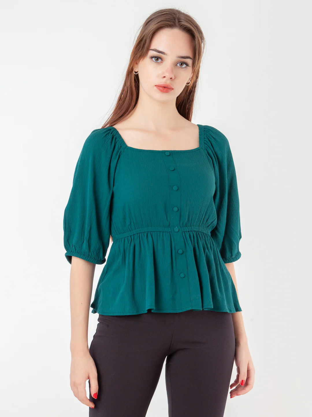 Green Solid Peplum Top - Image 2